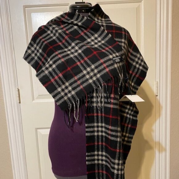 Burberry Plaid Black and Red Scarf, 100% cashmere, Made in England NWT - Picture 1 of 4